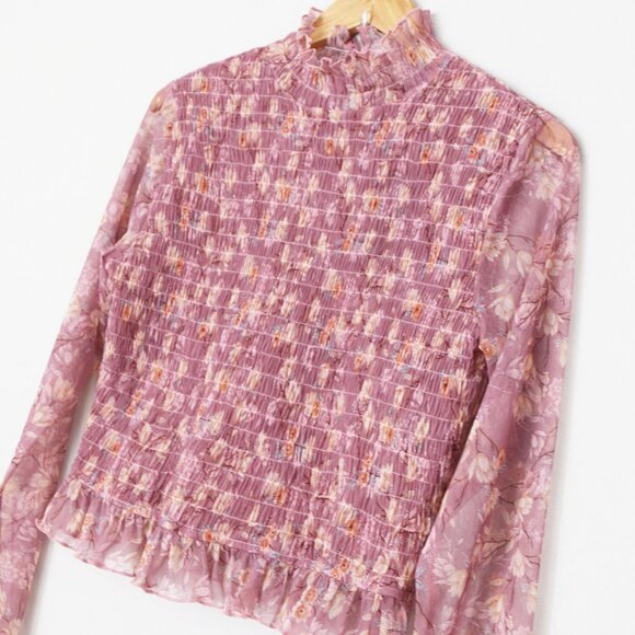 NEW Lulu's Sophisticated Blossom Mauve Pink Floral Mesh Smocked Mock Neck Top XL - Picture 9 of 15